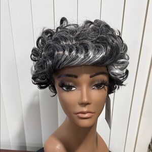 #105 Short Curly Synthetic Wig - Black with Silver Highlights